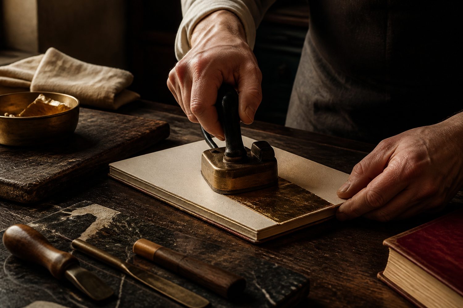 A bookbinder applying brass foil to an ivory cover board with a heated hand press