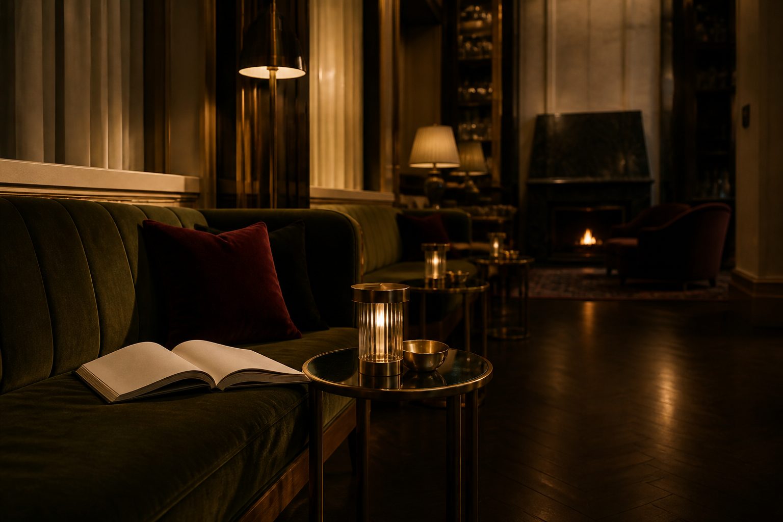 A private members club lounge in the early evening with a magazine left open on a seat