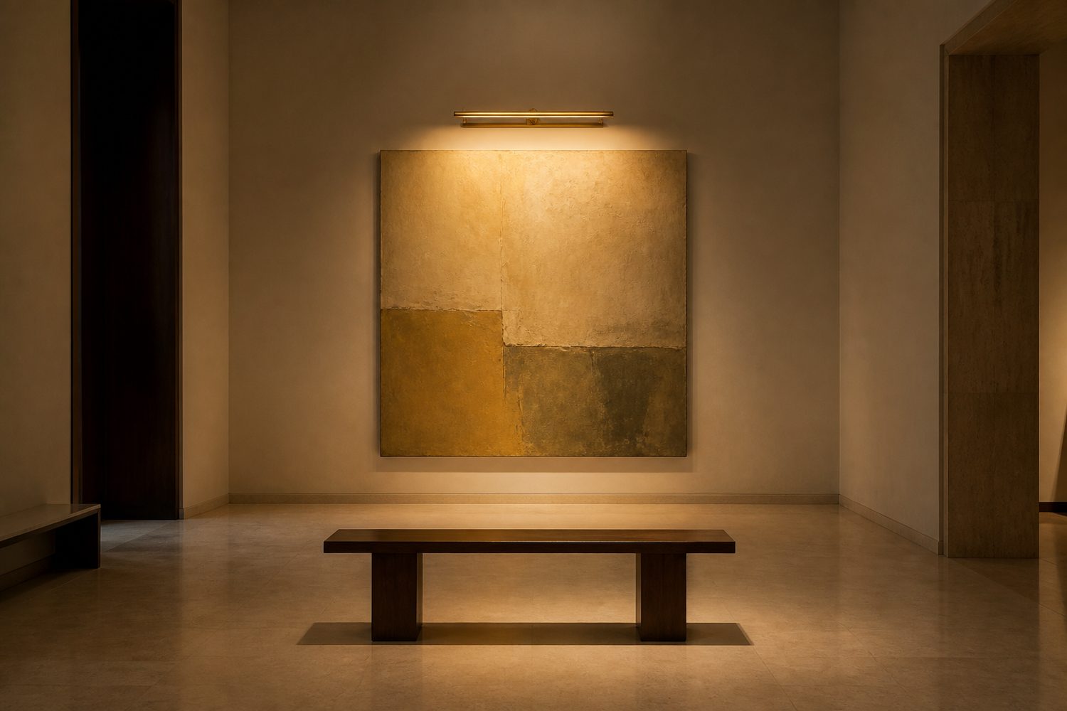 A private gallery interior with a single lit abstract canvas
