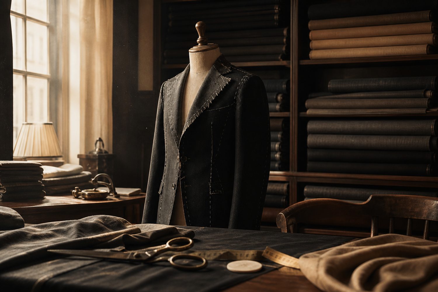 A tailoring atelier with bolts of wool and a half finished jacket on a dress form