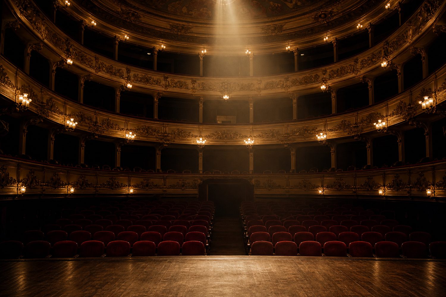 A historic concert hall photographed from the empty stage
