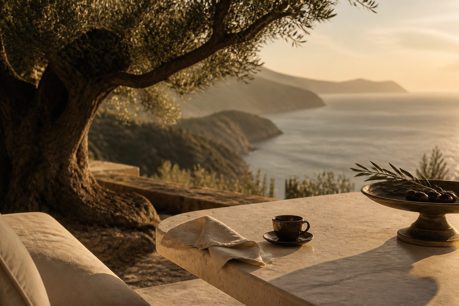 A private stone terrace above a Mediterranean coastline at golden hour