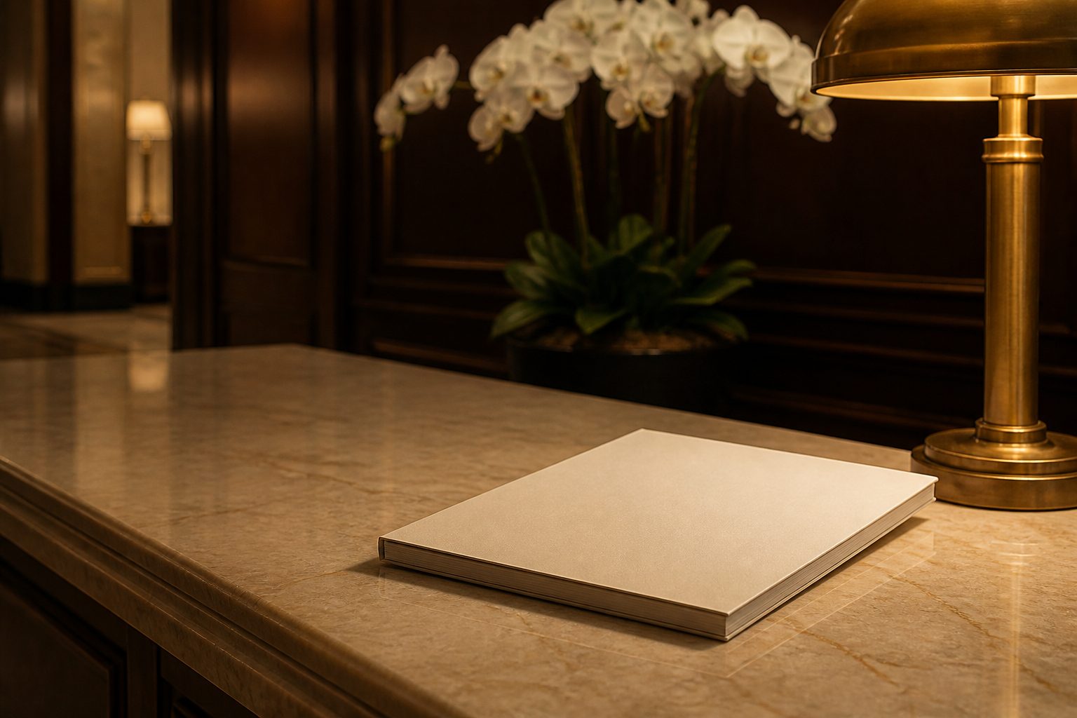 A magazine resting on a marble console table beneath a brass lamp in a hotel lobby