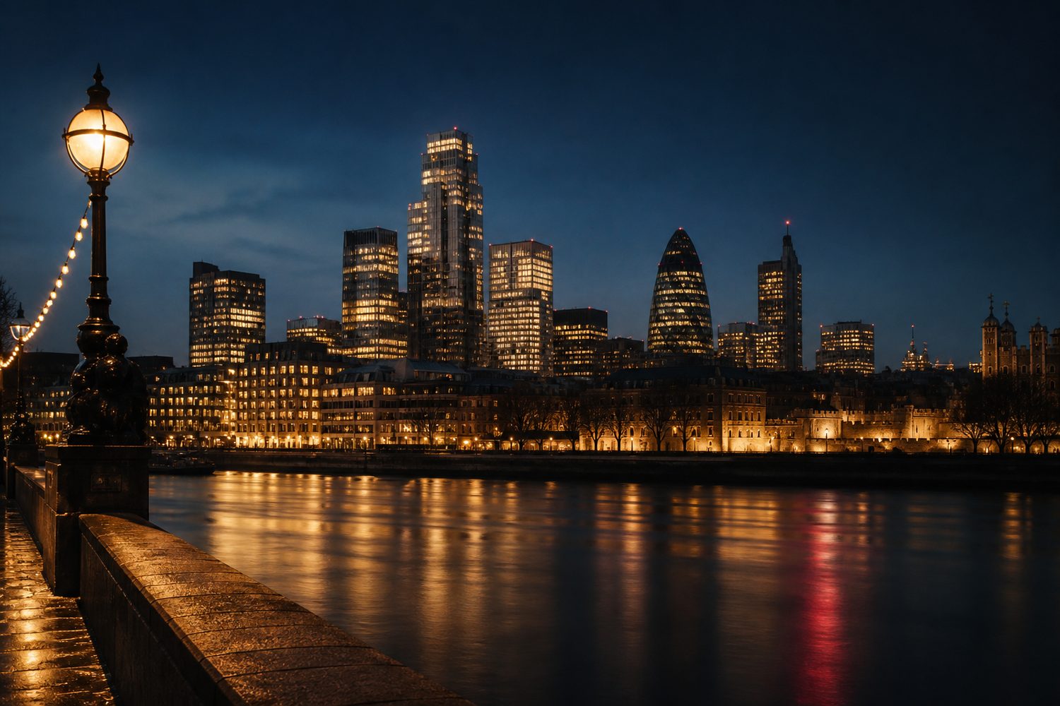 The City of London skyline at blue hour seen across the river
