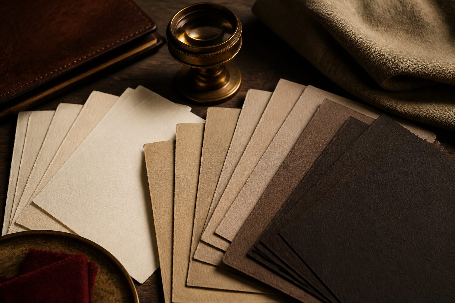Uncoated paper swatch fans in ivory and oatmeal spread across a walnut table beside a brass loupe