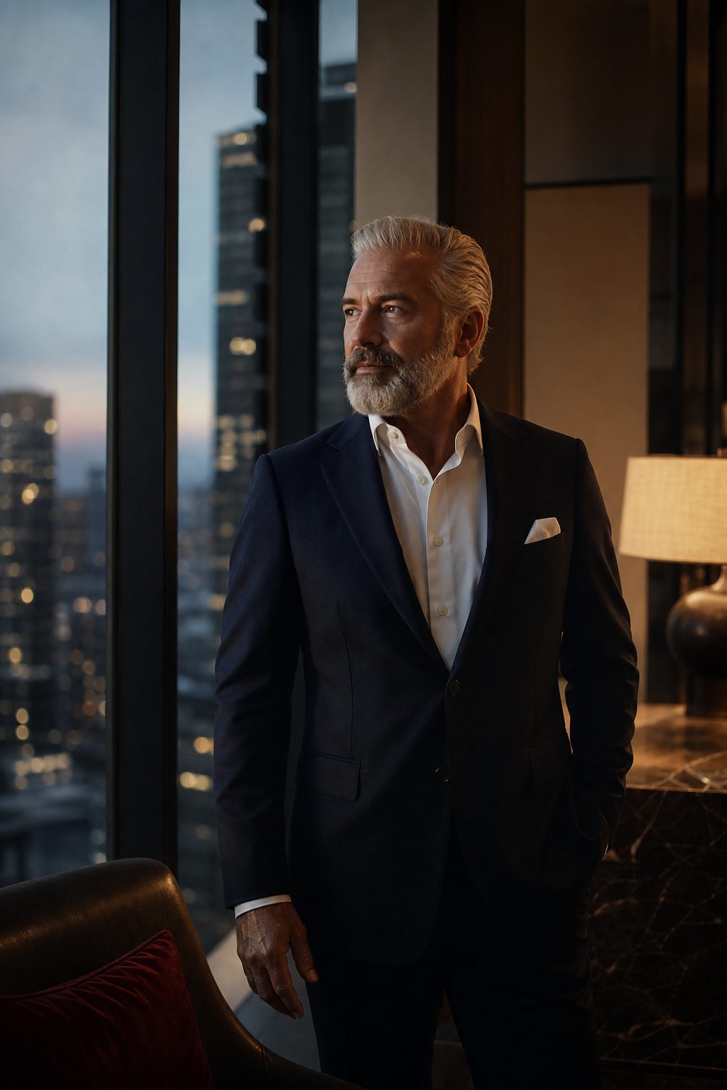 Portrait of a senior executive beside a window in a modern office at dusk
