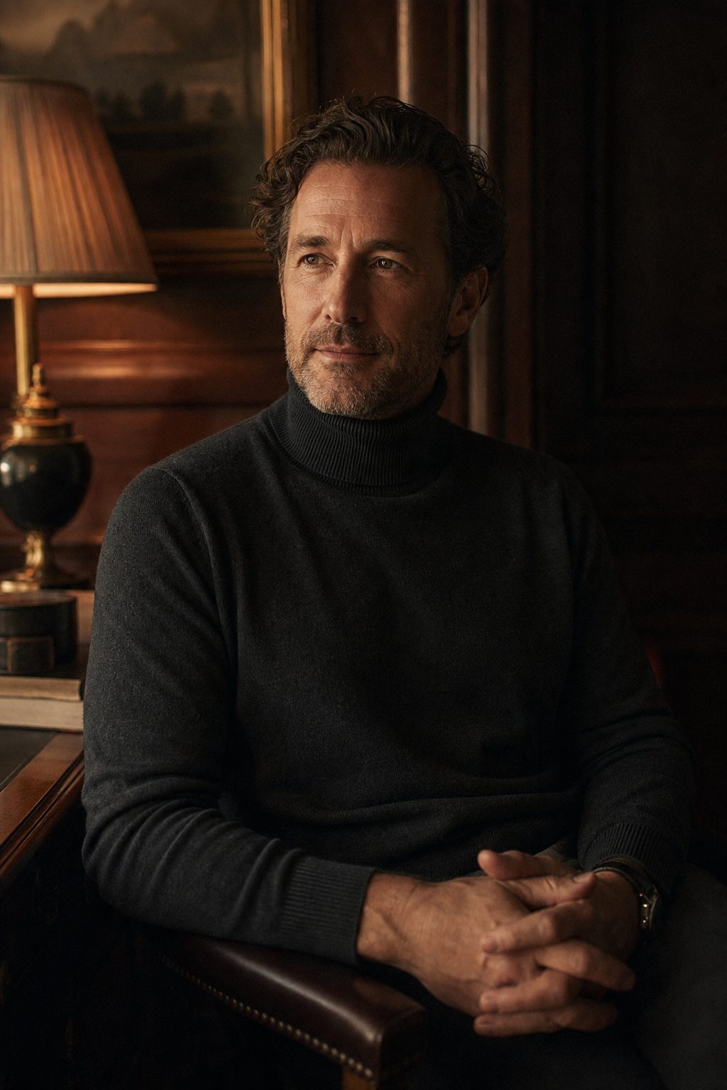 Portrait of a founder seated in a warm panelled study