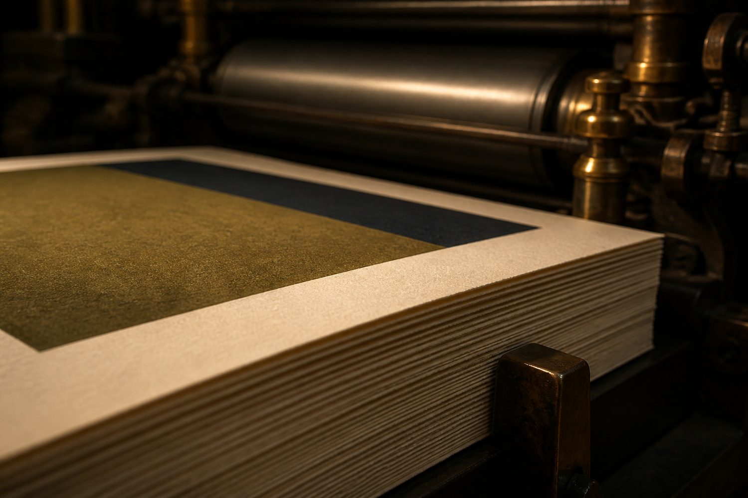 Freshly printed ivory sheets in the delivery tray of a sheetfed press